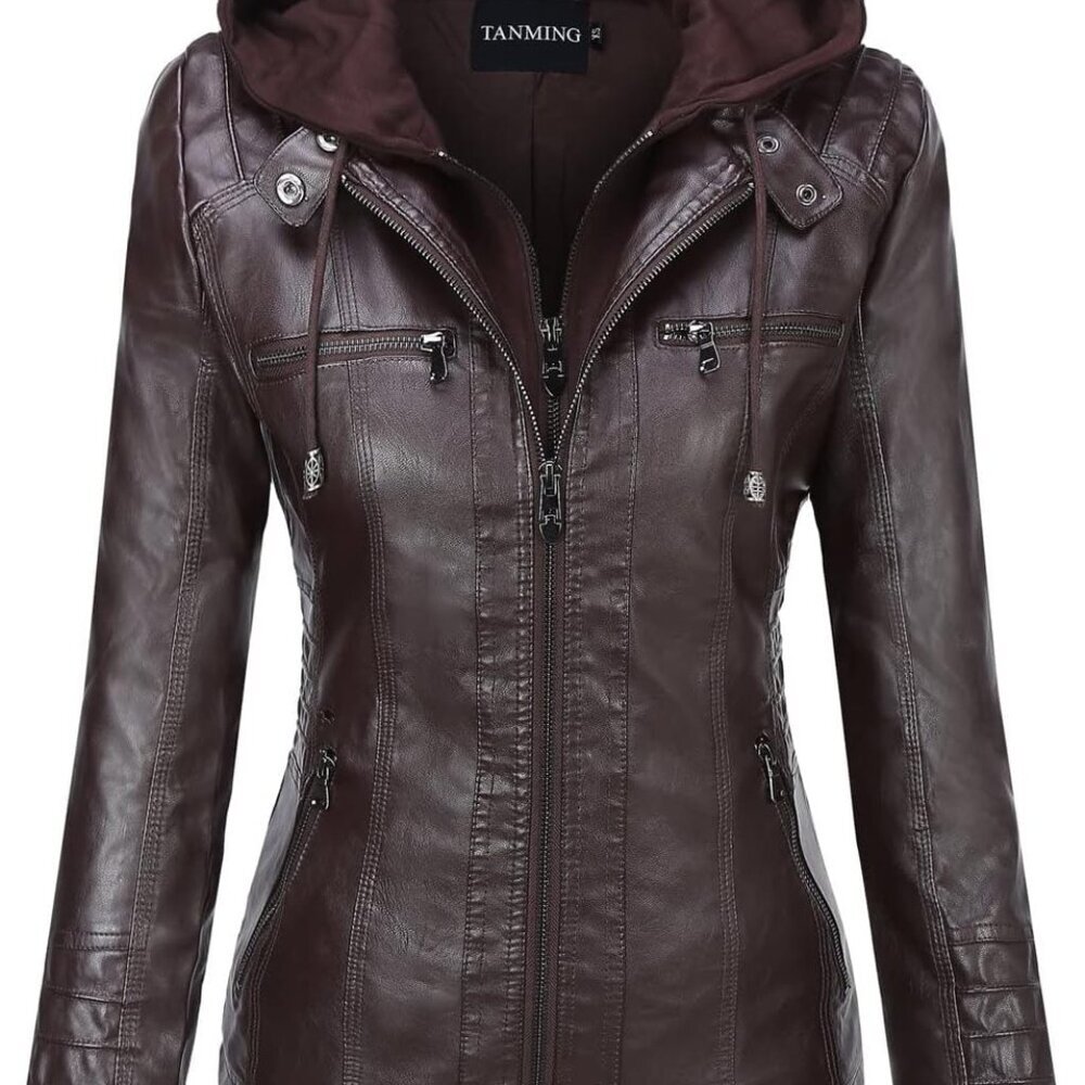 Womens Faux Leather Jacket Hooded Moto Biker Coat Outerwear Fall Fashion Outfits